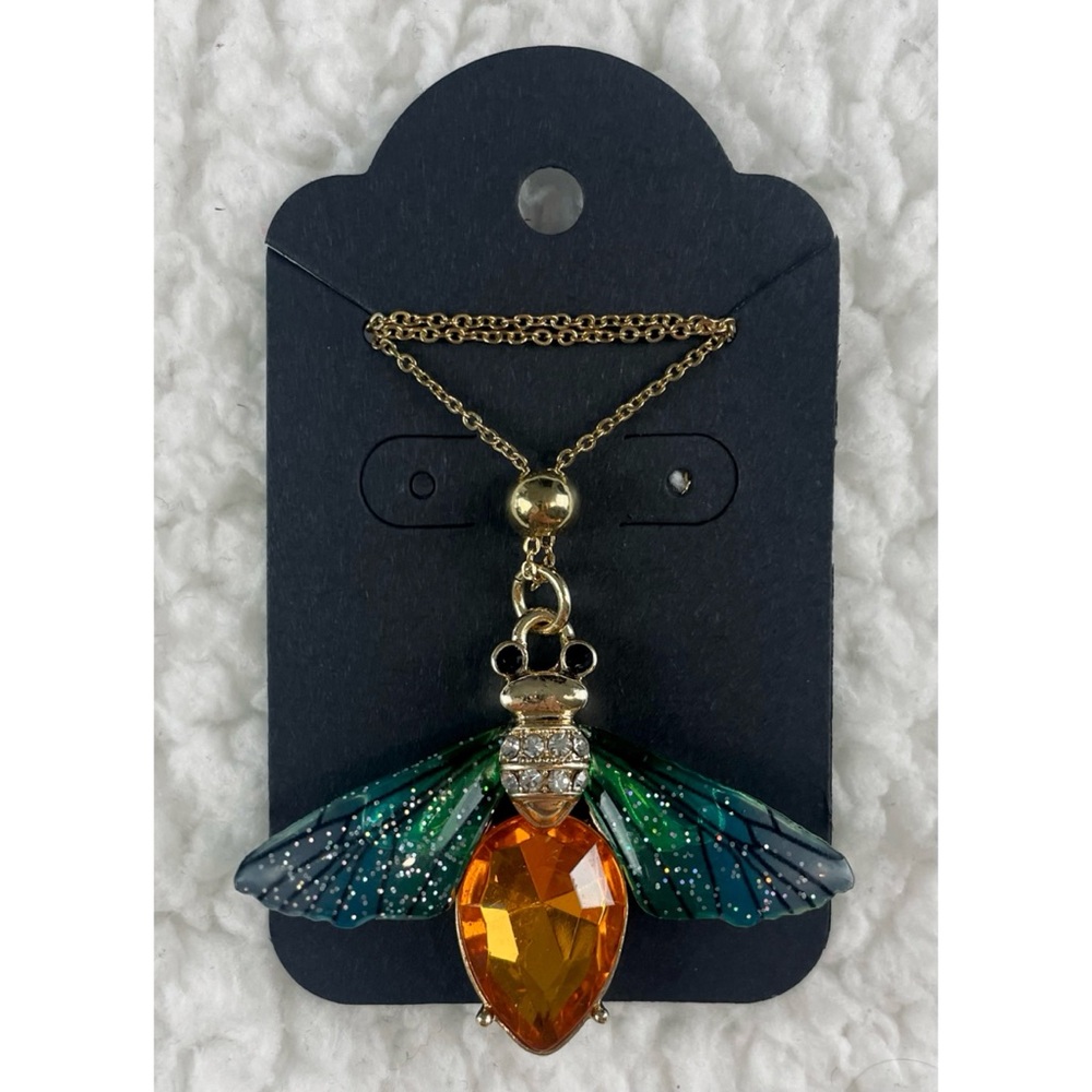 (NWOT) Blue/Green/Orange/Gold Firefly Necklace w/ Matching Drop Earrings - Picture 3 of 16